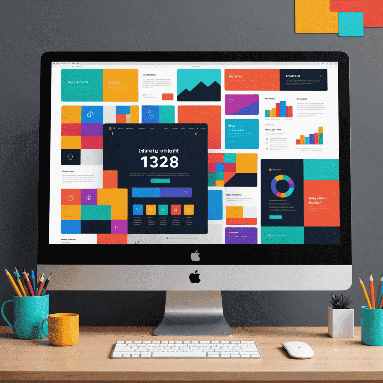 Imagem representando tendências modernas de design web, mostrando uma tela de computador com layouts coloridos e elementos gráficos vibrantes