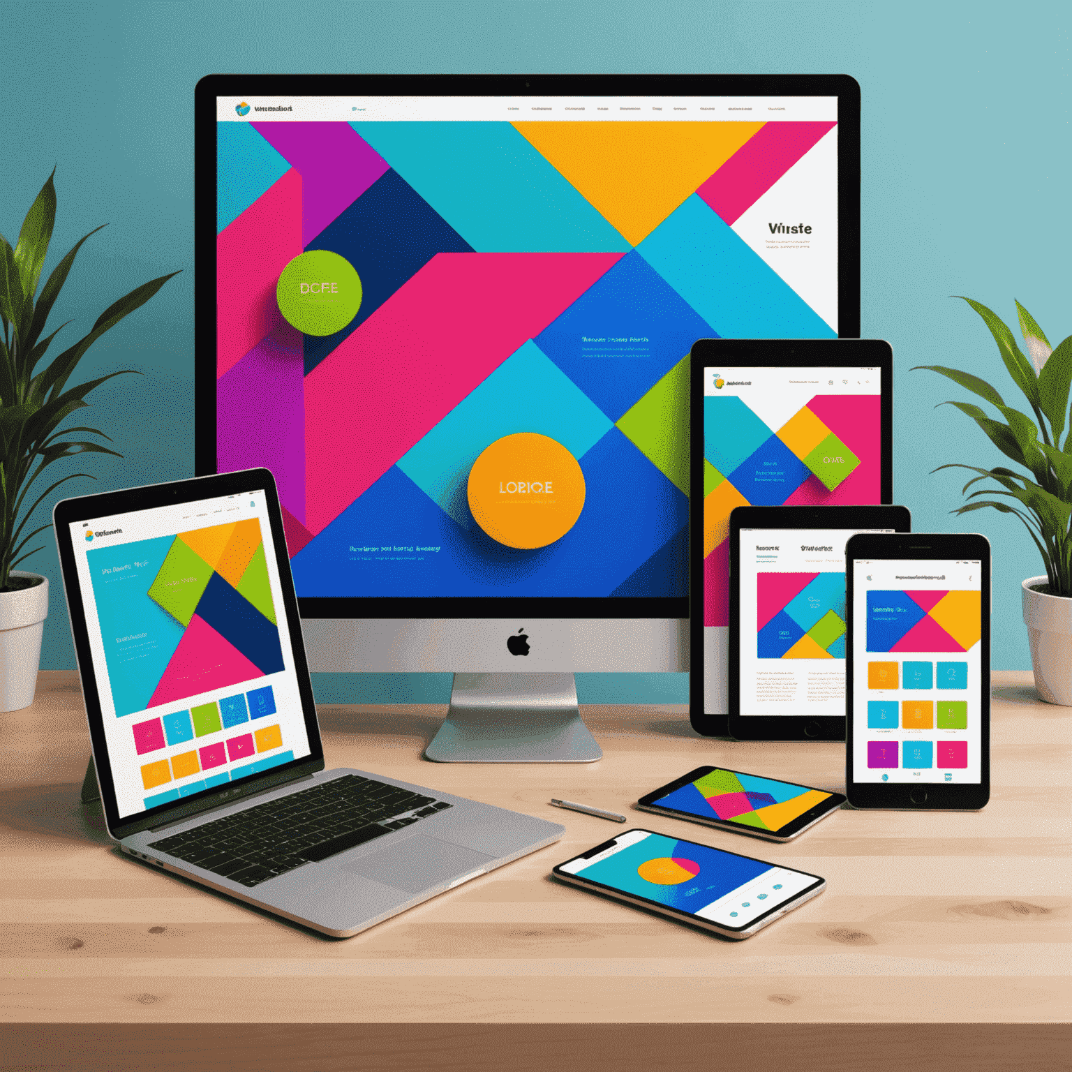 Ilustração mostrando um website responsivo em diferentes dispositivos: desktop, tablet e smartphone. O design é vibrante, com elementos geométricos em cores vivas como azul elétrico, rosa quente e verde limão.