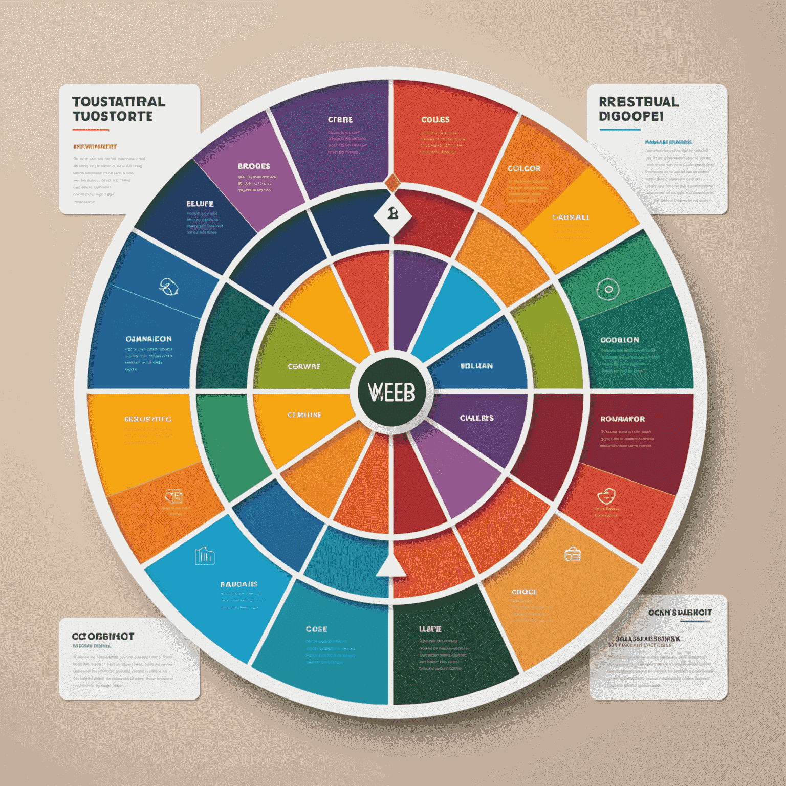 Roda de cores vibrante com exemplos de designs web mostrando o impacto de diferentes esquemas de cores