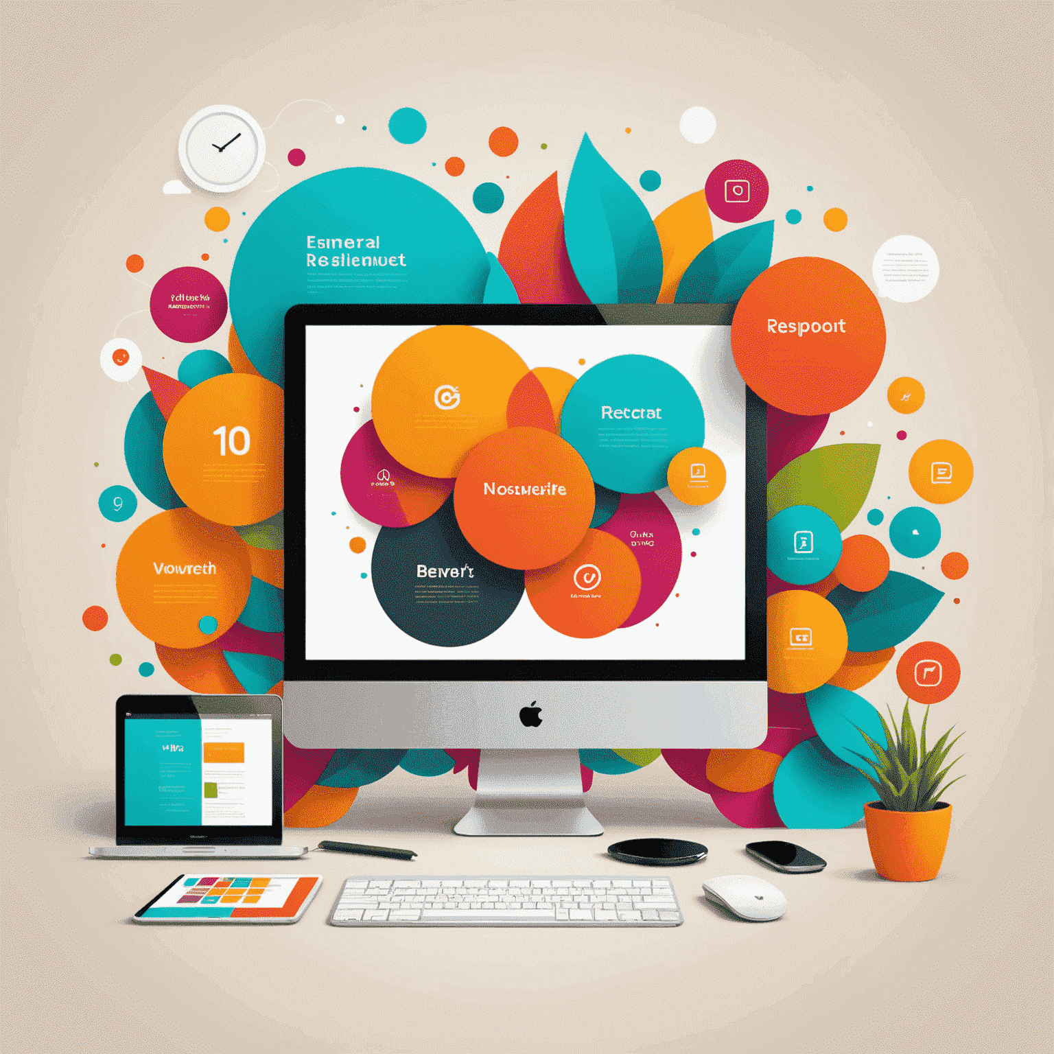 Imagem ilustrativa de design de web com elementos gráficos modernos, layouts responsivos e paleta de cores vibrantes