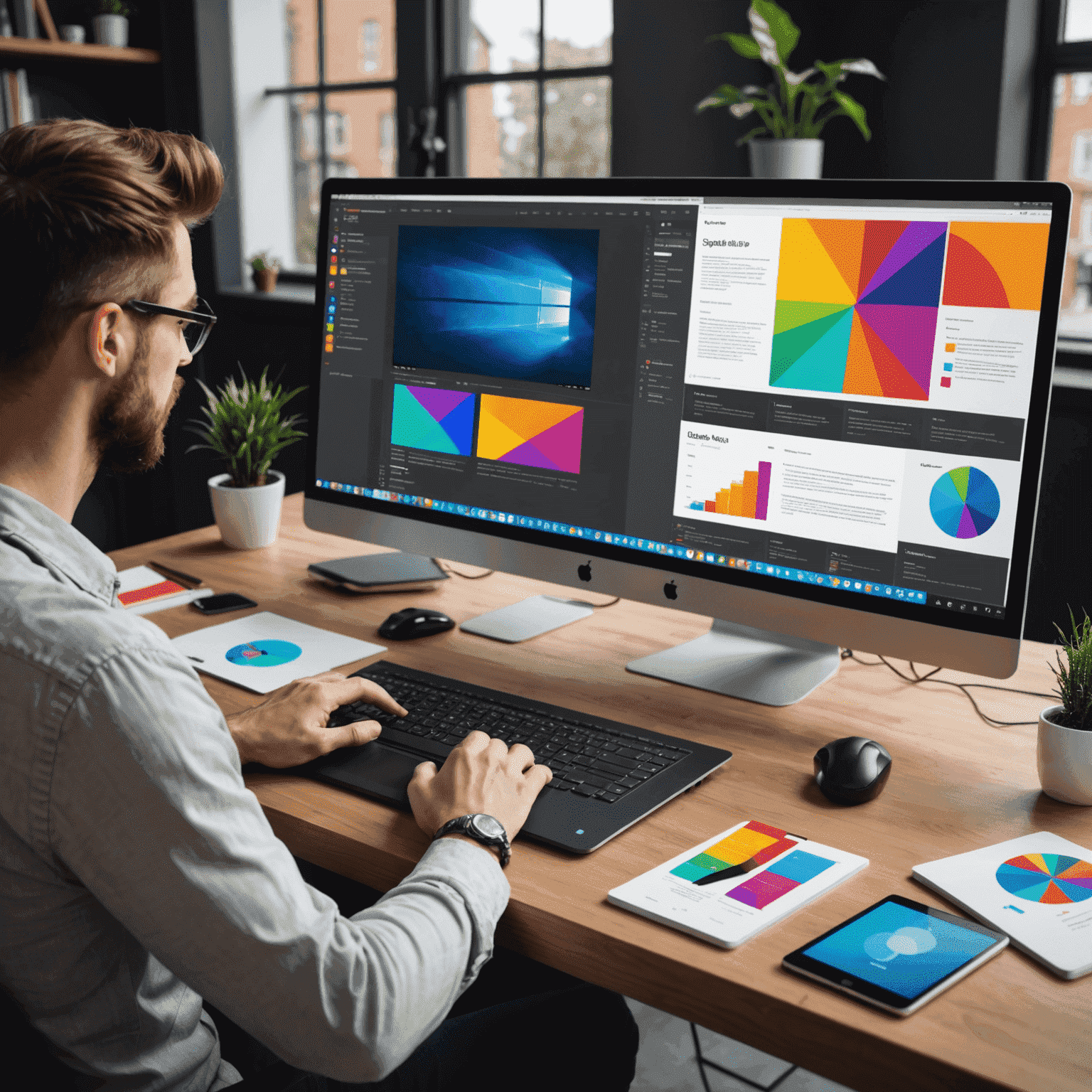 Designer trabalhando em um projeto de web design, usando uma mesa digitalizadora e um monitor grande exibindo um layout colorido e moderno de um site