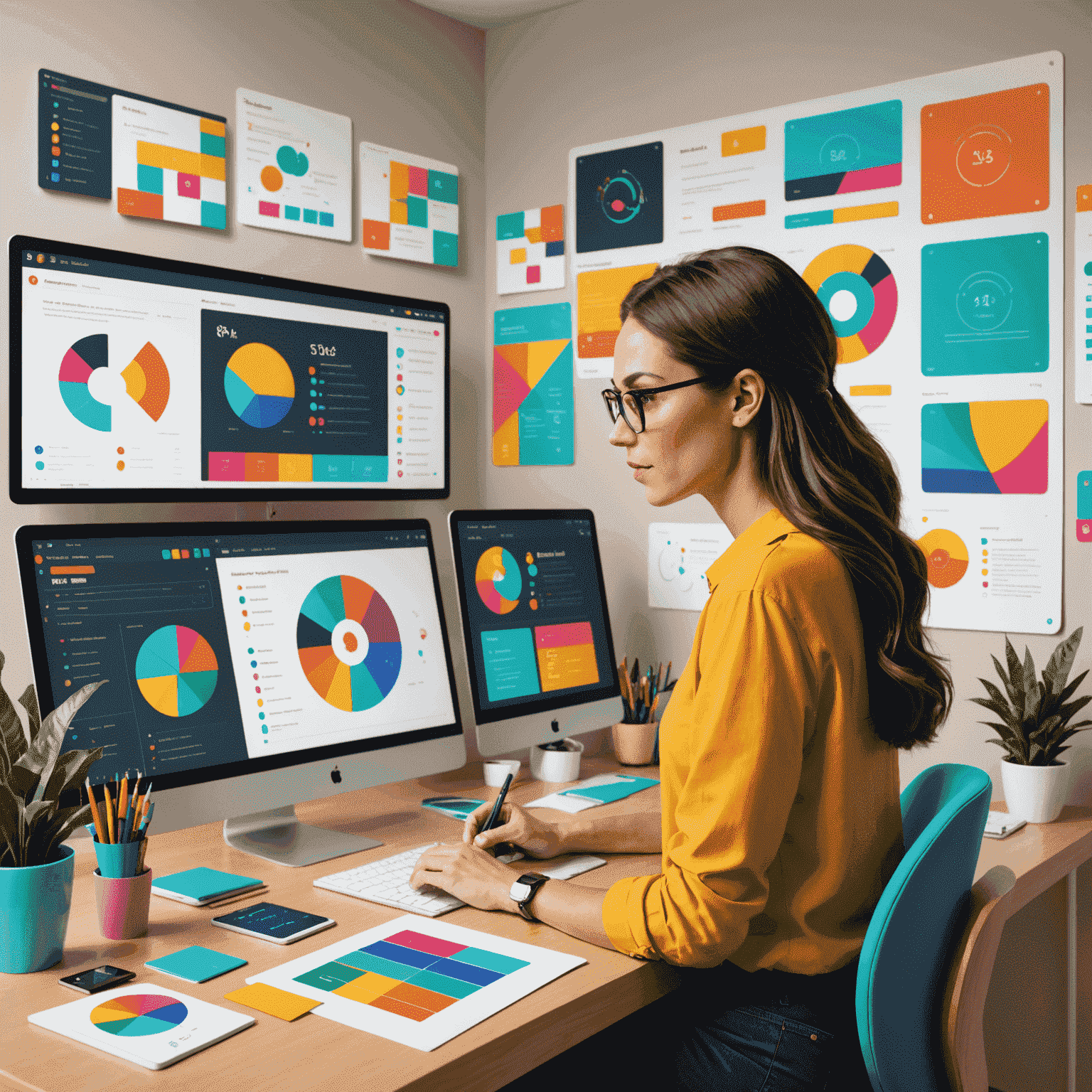 Ilustração de um designer trabalhando em uma interface de usuário com elementos coloridos e vibrantes, representando o processo de design UI/UX