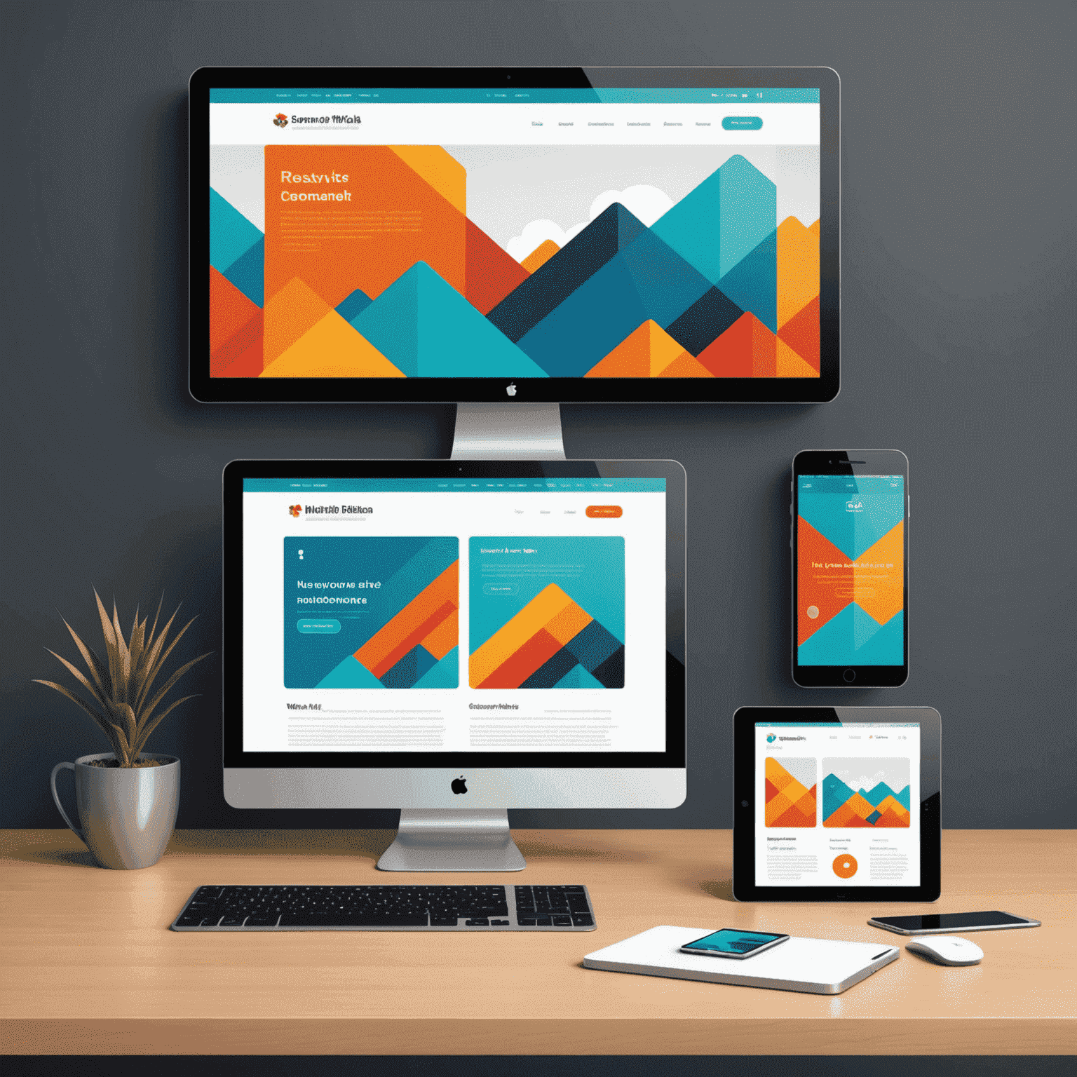 Ilustração de um smartphone, tablet e computador desktop mostrando um site responsivo com elementos gráficos vibrantes e modernos
