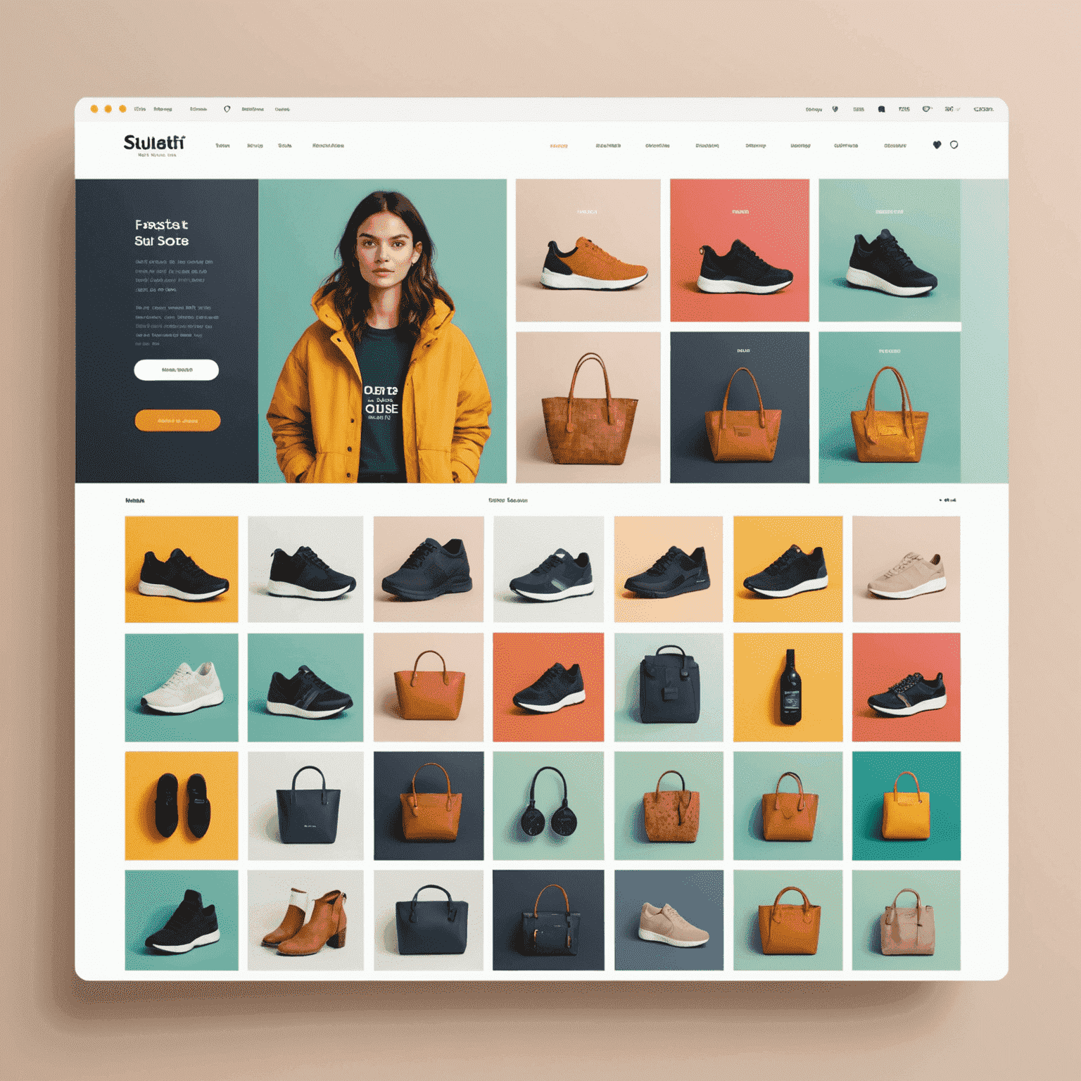 Imagem de uma loja online moderna com interface intuitiva, mostrando produtos em um layout de grade com cores vibrantes e elementos interativos