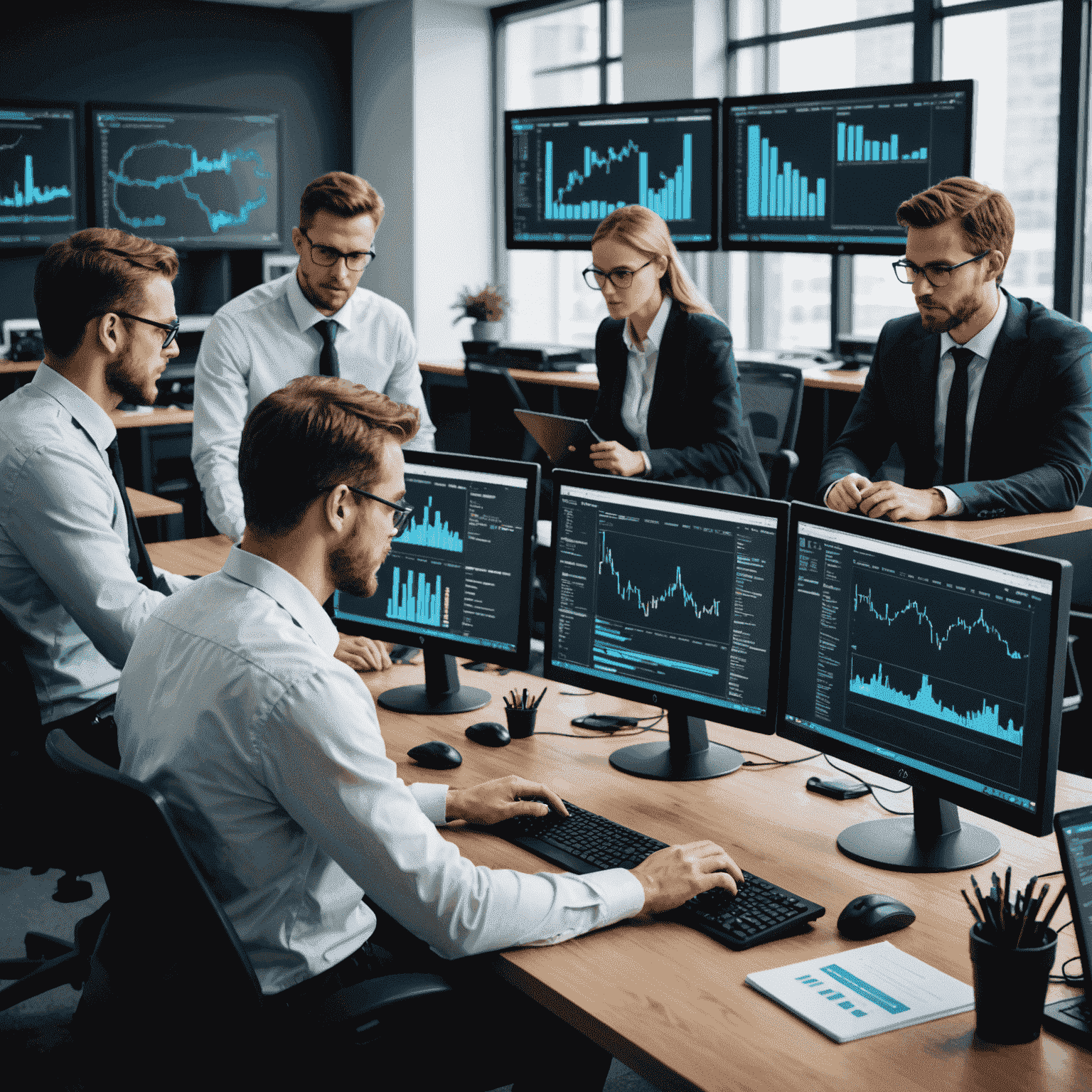 Equipe de manutenção de website trabalhando em computadores, analisando dados e atualizando sistemas. A imagem mostra profissionais focados, usando tecnologia avançada em um ambiente de escritório moderno com múltiplos monitores exibindo códigos e gráficos.