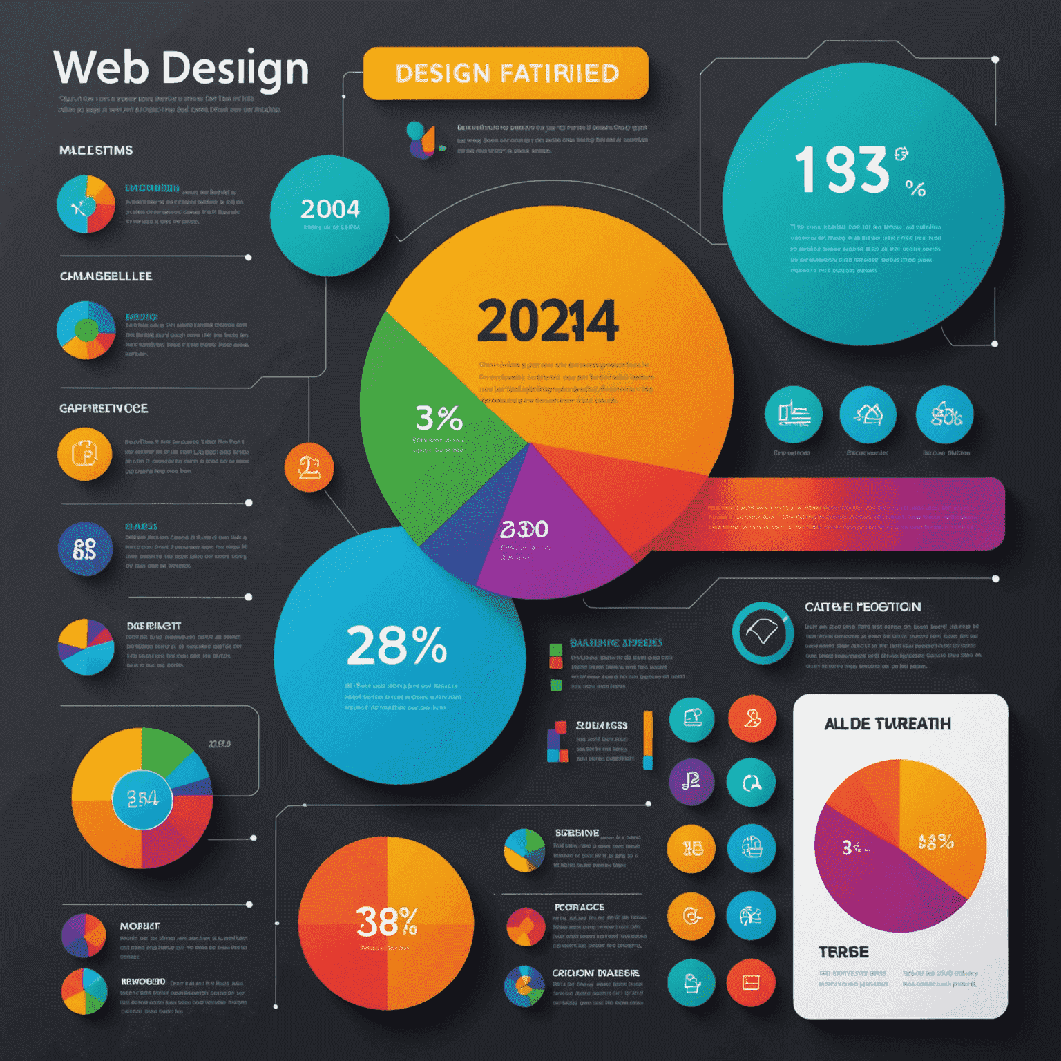 Infográfico mostrando estatísticas de tendências de design web em 2024, com gráficos coloridos e ícones representando cada tendência mencionada