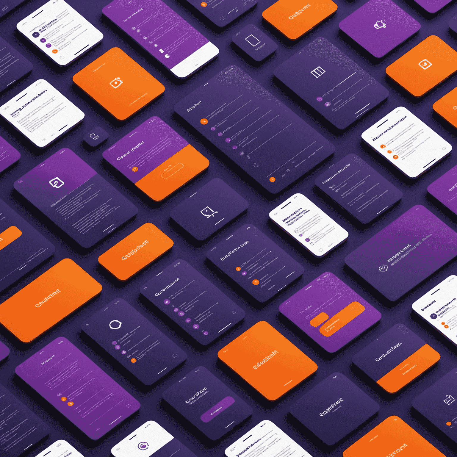Gráfico animado mostrando a transformação de uma grade de conteúdo de desktop para mobile, com colunas se empilhando suavemente. As cores usadas são roxo profundo e laranja brilhante.