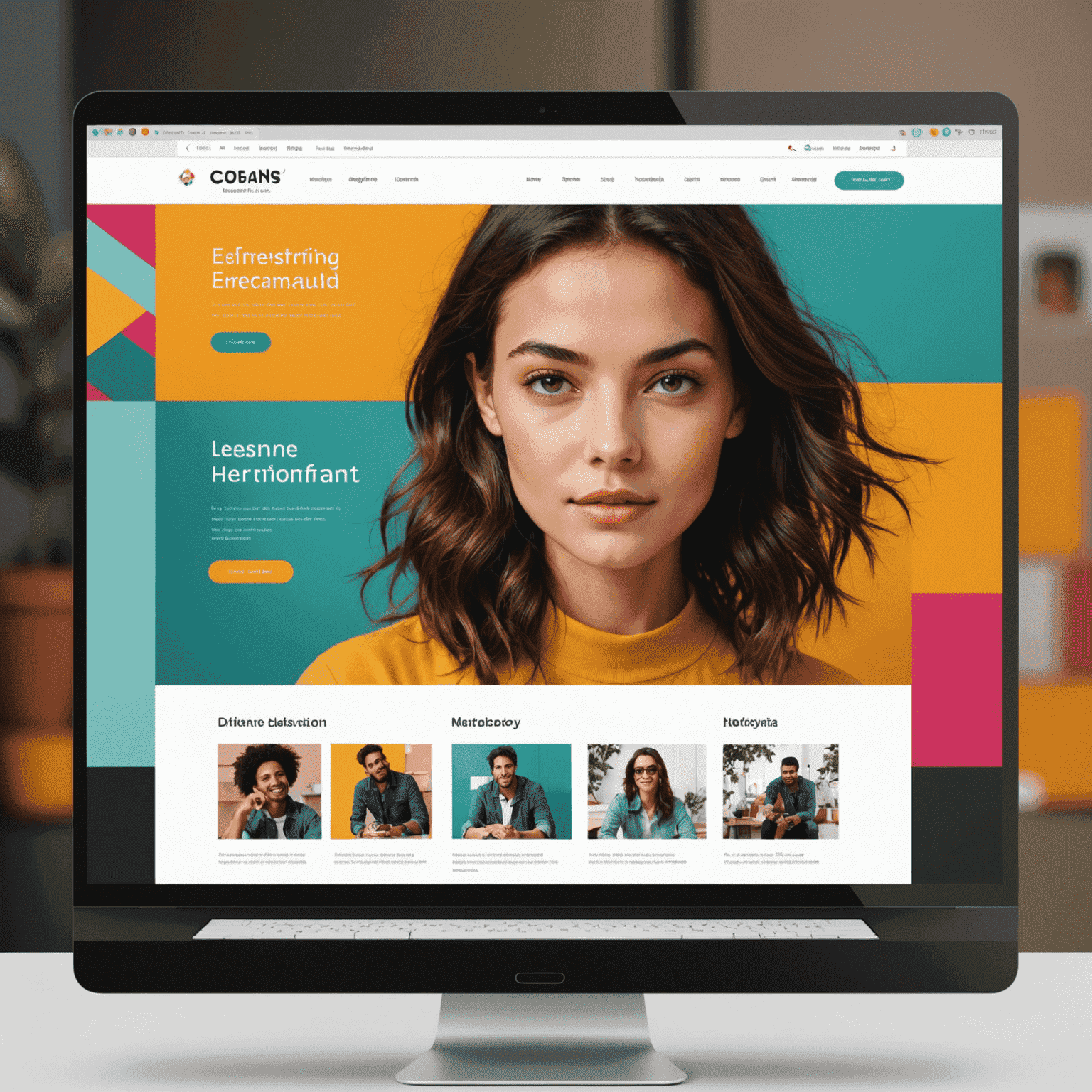 Interface web com esquema de cores vibrantes, demonstrando uma marca jovem e dinâmica