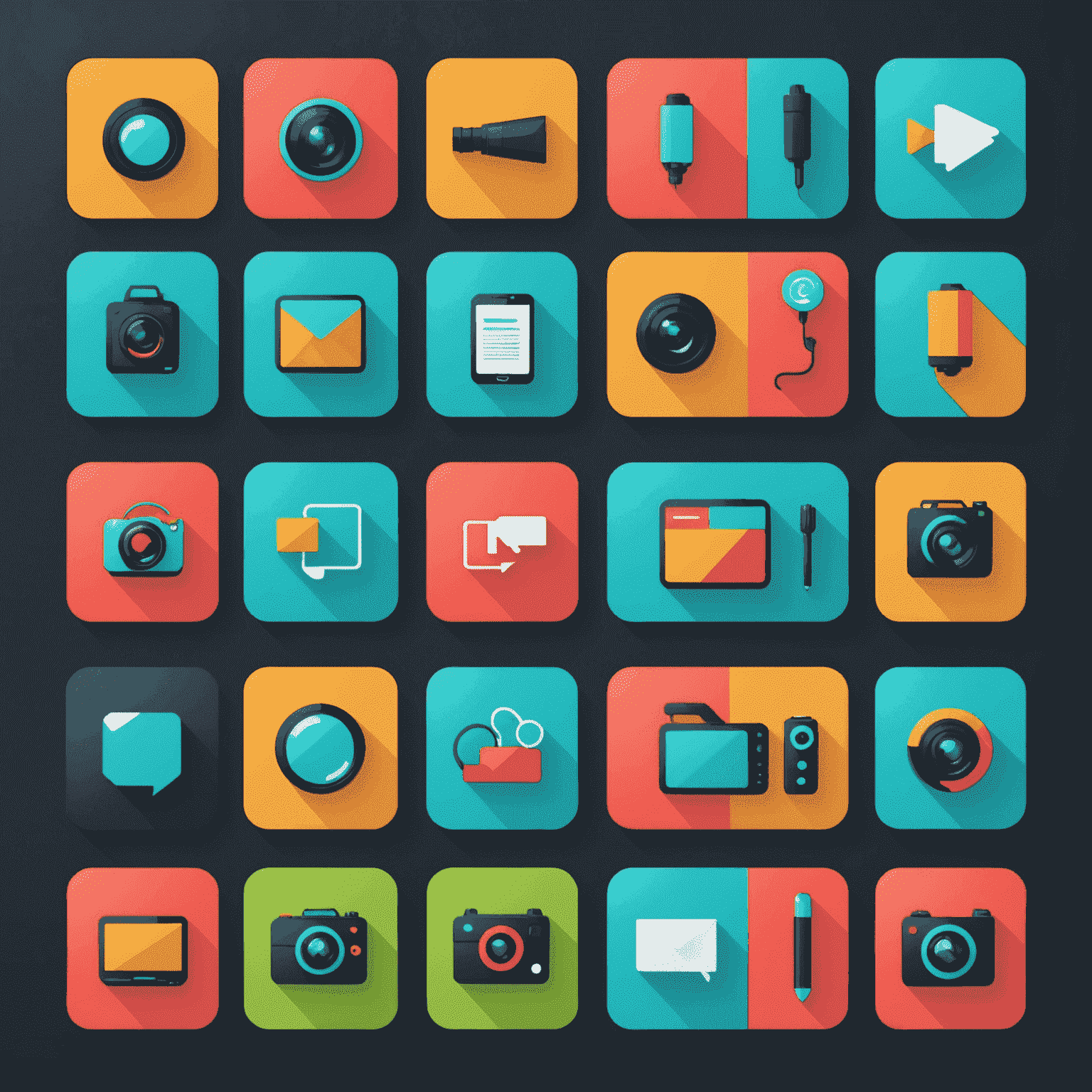 Conjunto de ícones de mídia em estilo flat design, representando diferentes tipos de conteúdo como imagens, vídeos e texto. Os ícones são em cores vibrantes como ciano neon e coral fluorescente.