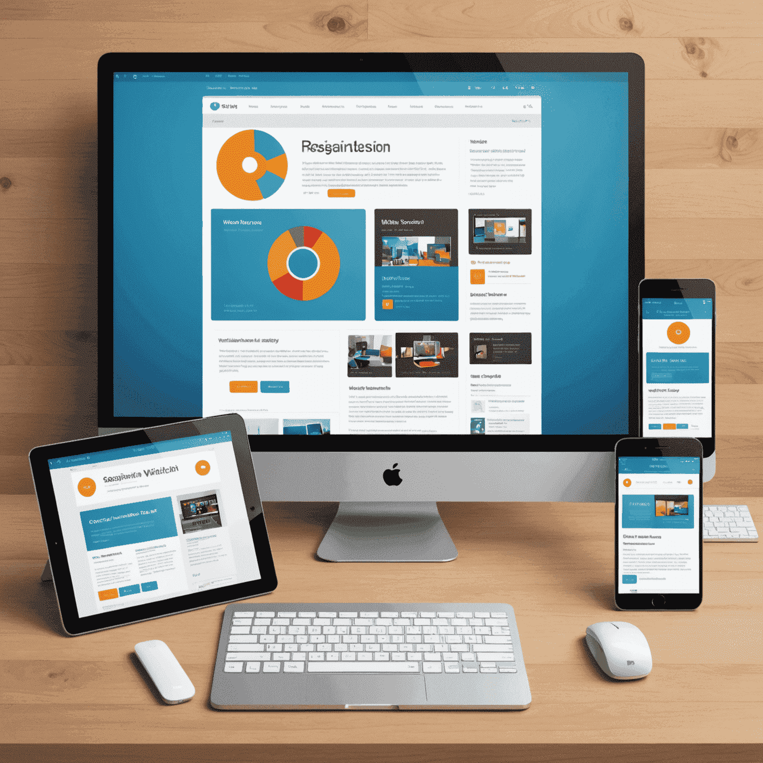 Ilustração mostrando um website responsivo em vários dispositivos: desktop, tablet e smartphone