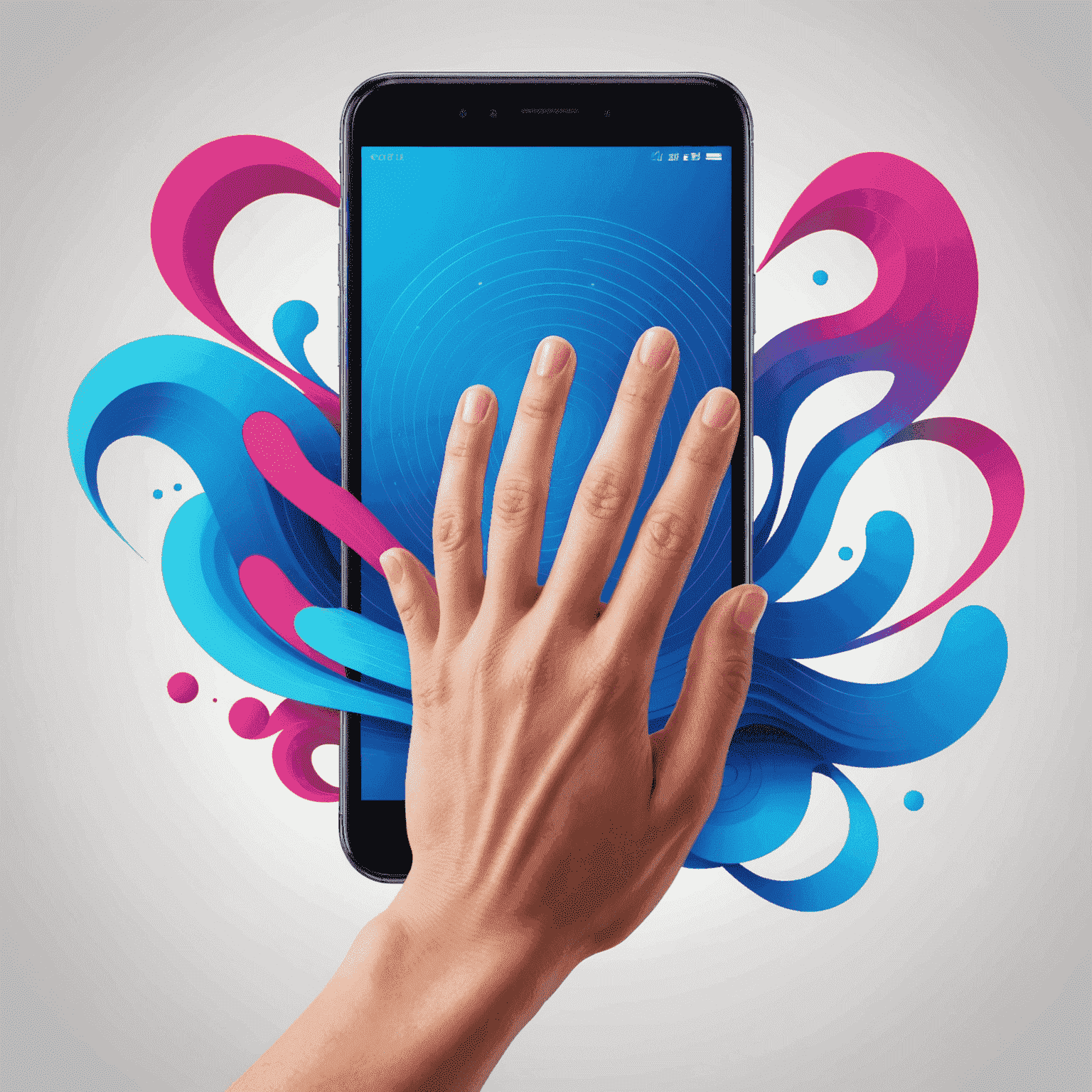 Ilustração de uma mão tocando em uma tela de smartphone, com ondas concêntricas saindo do ponto de toque, simbolizando interações touch-friendly. As cores predominantes são azul elétrico e rosa quente.