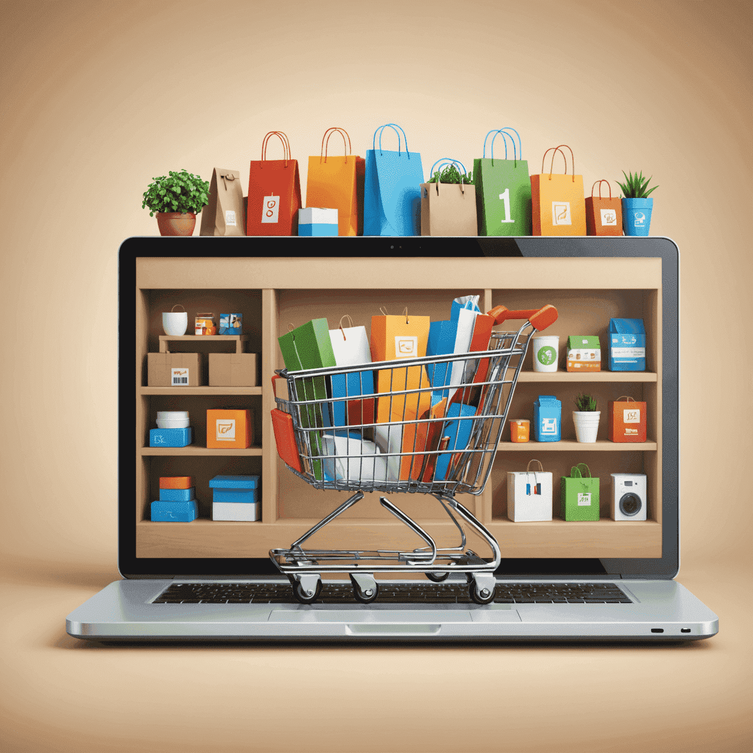 Imagem conceitual de uma loja online com carrinho de compras, produtos e sistema de pagamento